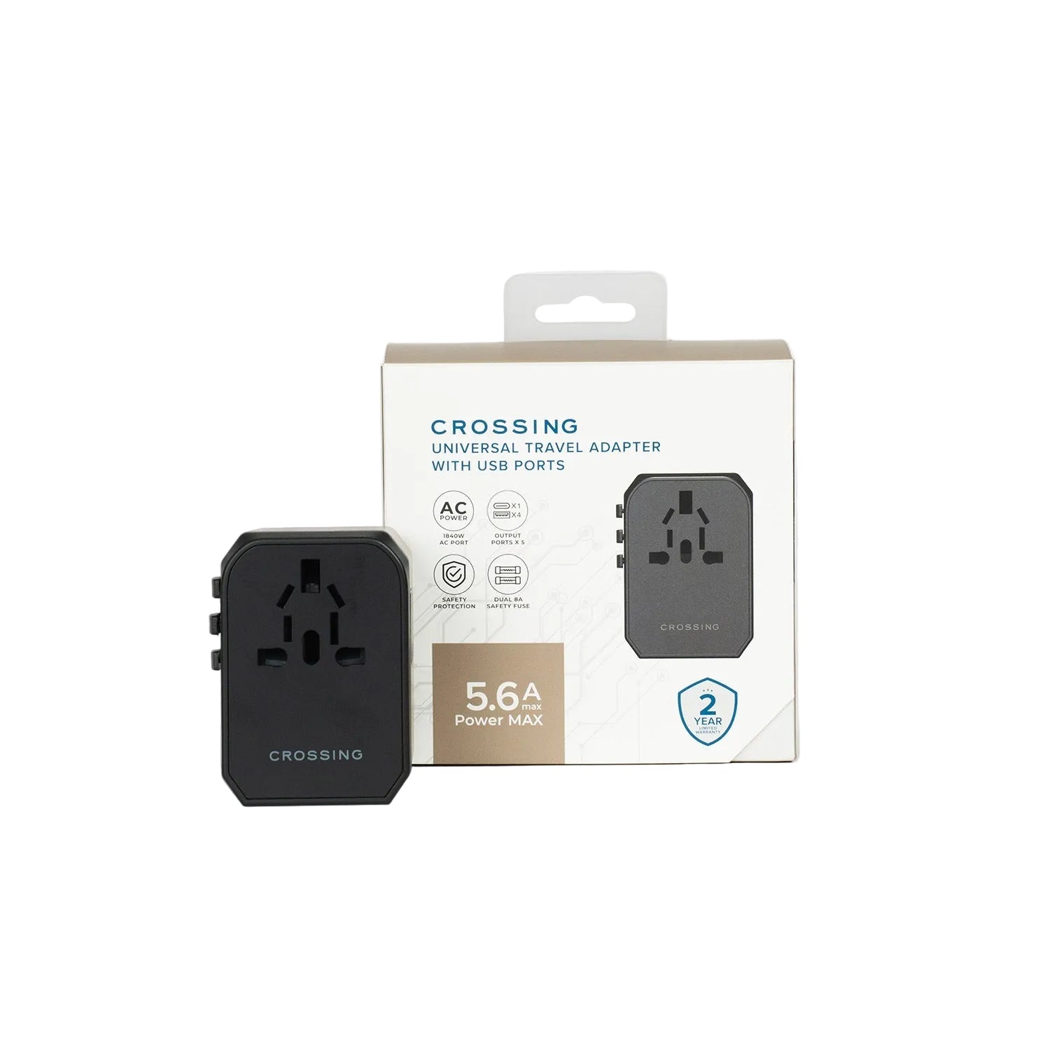 Crossing World Travel Adaptor with 4 X USB and 1 X USB-C - Black