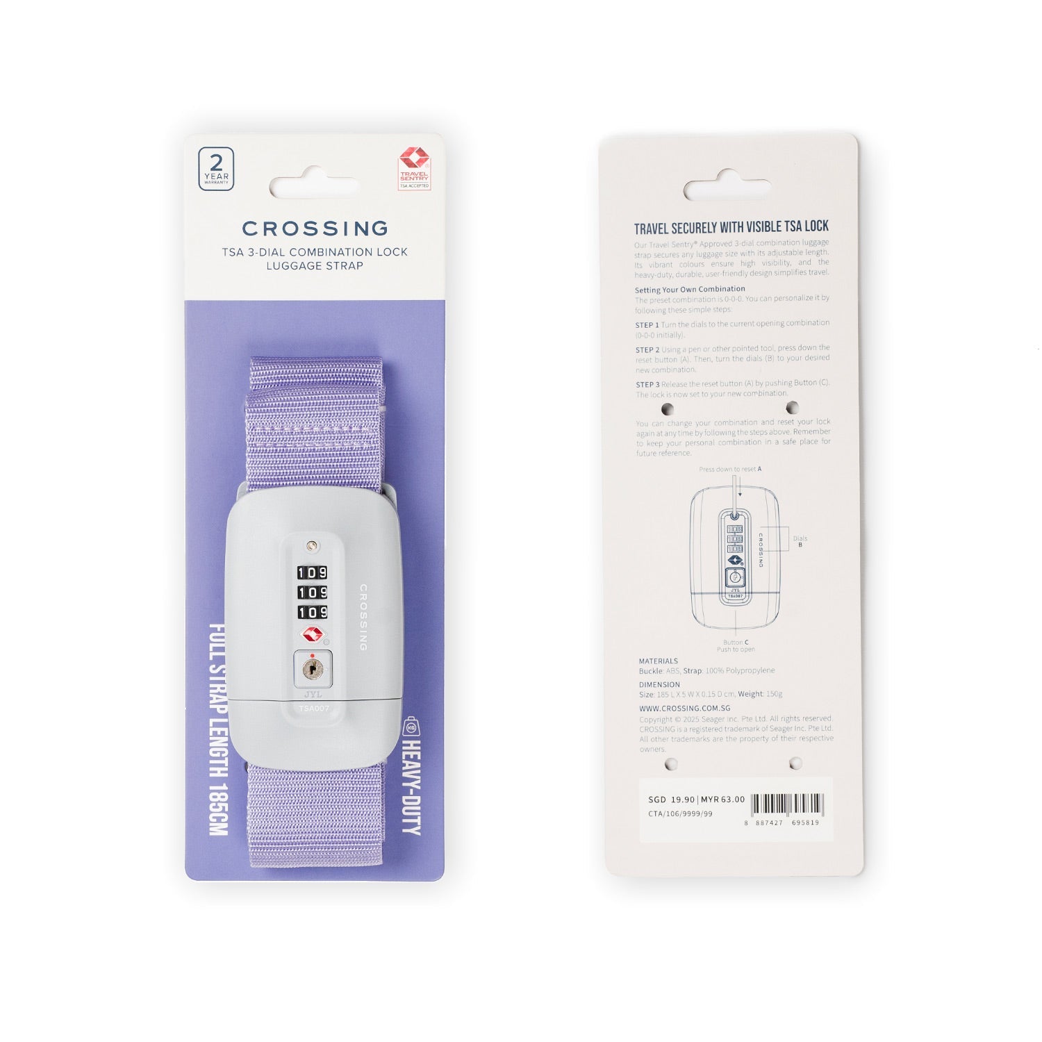 Crossing TSA 3-Dial Combination Lock Luggage Strap - Lavender