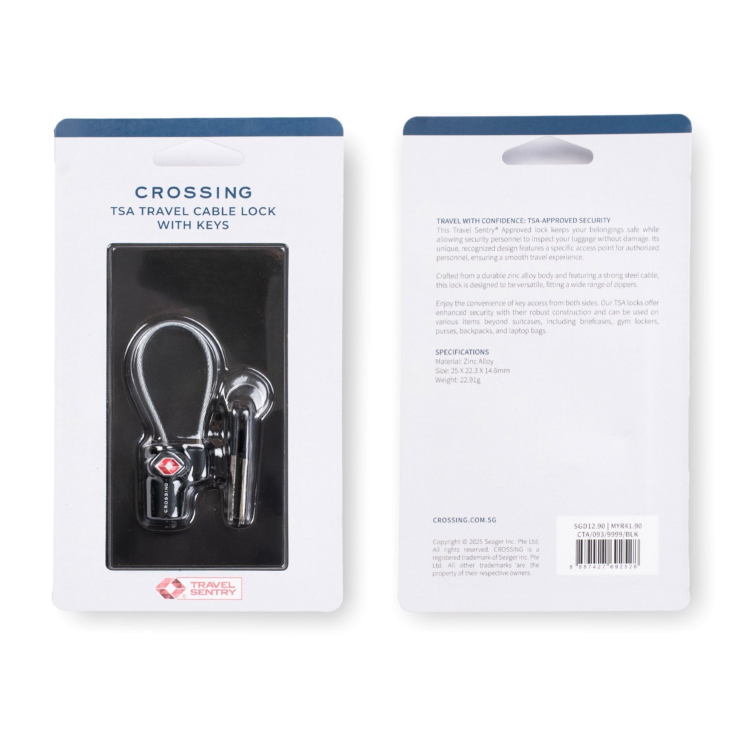 Crossing TSA Travel Cable Lock With Keys - Black