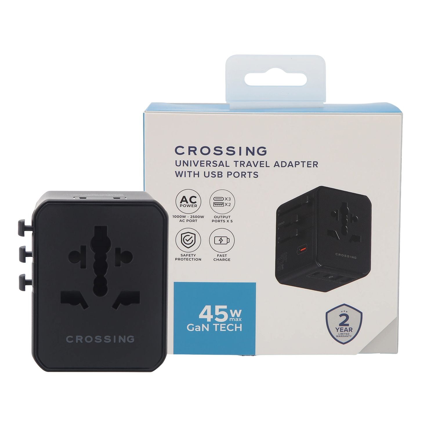 Crossing World Travel Adaptor 45W V2 With 3 USB-C + 2 USB-A - Black