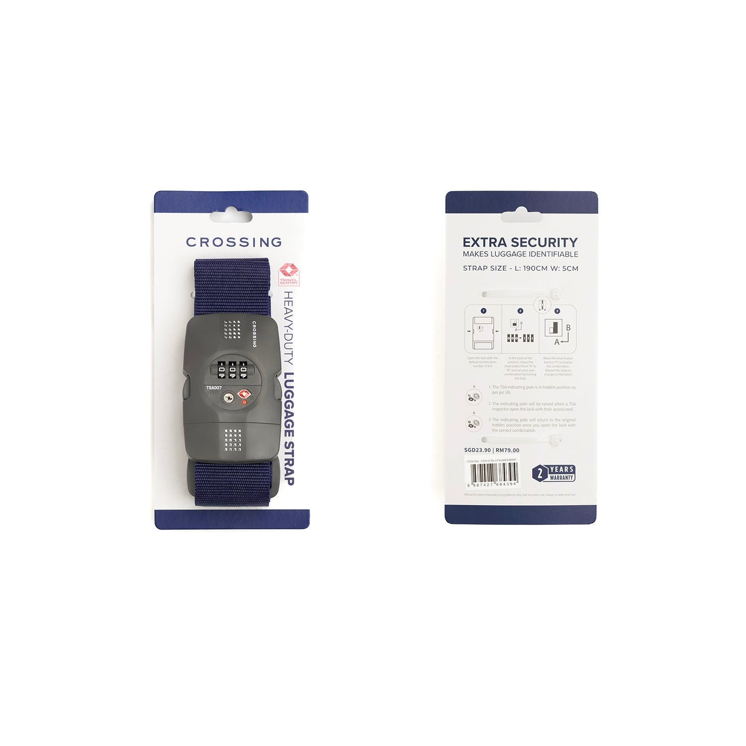 Crossing Luggage Strap With 3 Dial TSA Lock - Navy