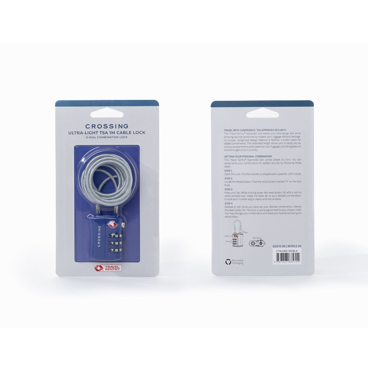 Crossing Ultra-Light TSA 3-Dial 1M Cable Lock - Marian Blue