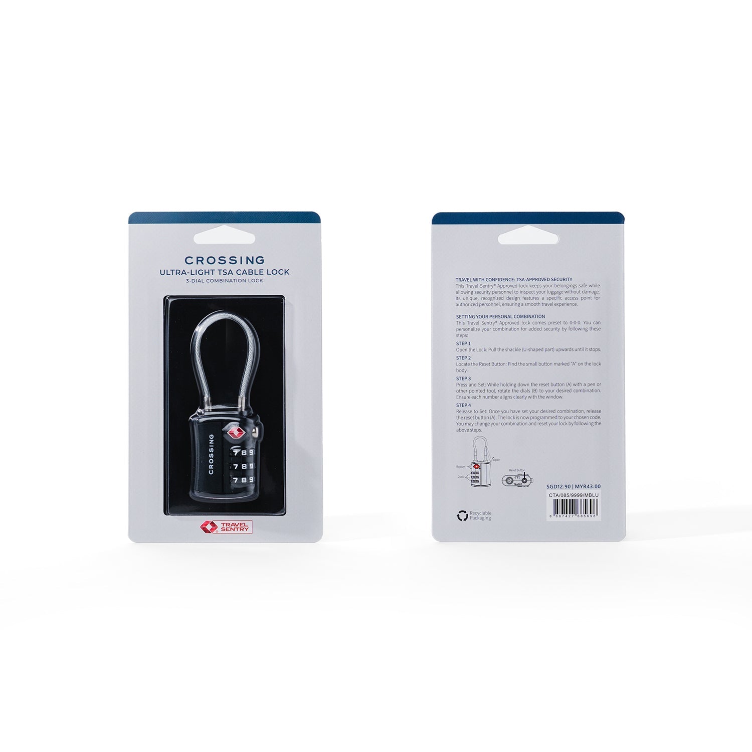 Crossing Ultra-Light TSA 3-Dial Cable Lock - Black
