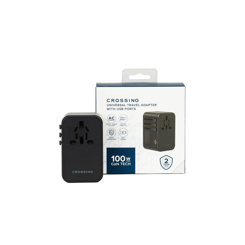 Crossing World Travel Adaptor 100W with 1 X USB-A + 3 X USB-C - Black