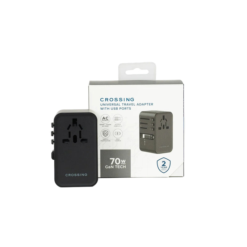 Crossing World Travel Adaptor 70W with 2 X USB-A + 2 X USB-C with Built-In Type C Cable - Black