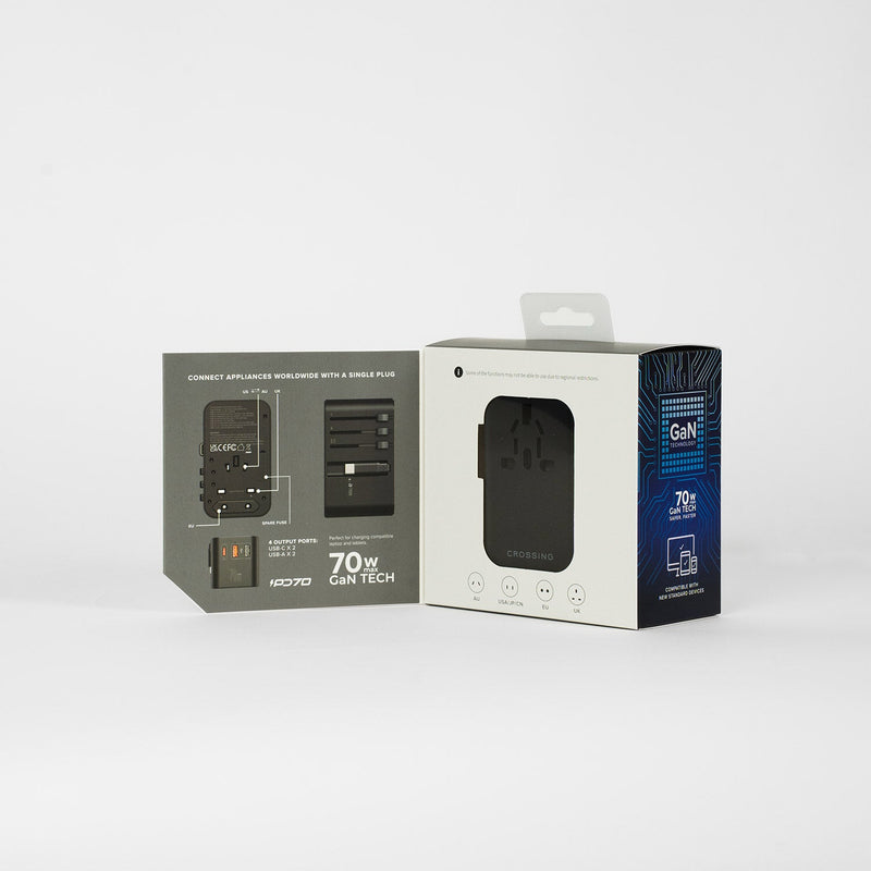 Crossing World Travel Adaptor 70W with 2 X USB-A + 2 X USB-C with Built-In Type C Cable - Black