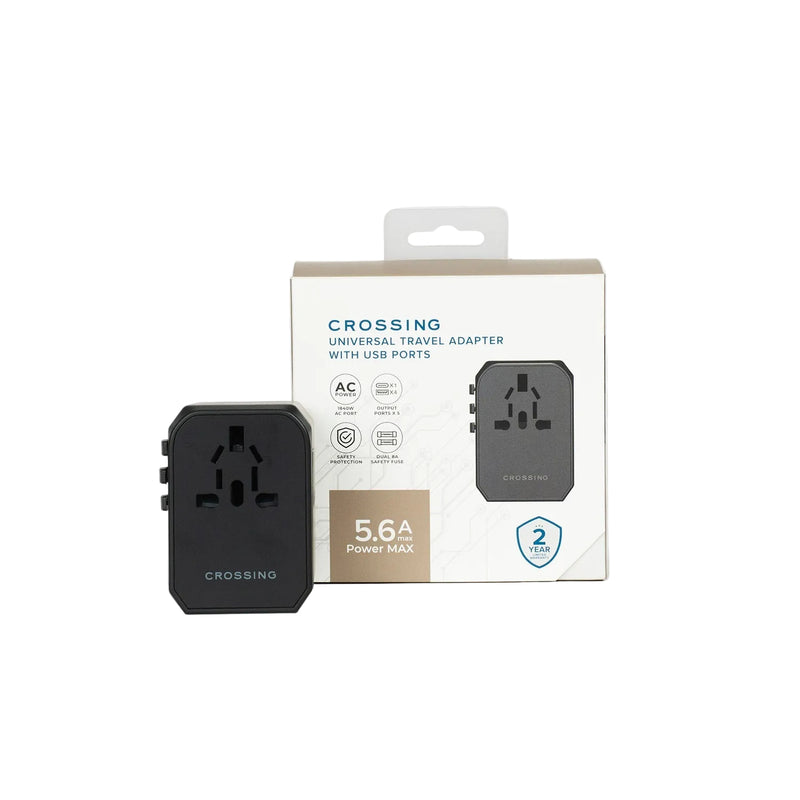 Crossing World Travel Adaptor with 4 X USB and 1 X USB-C - Black