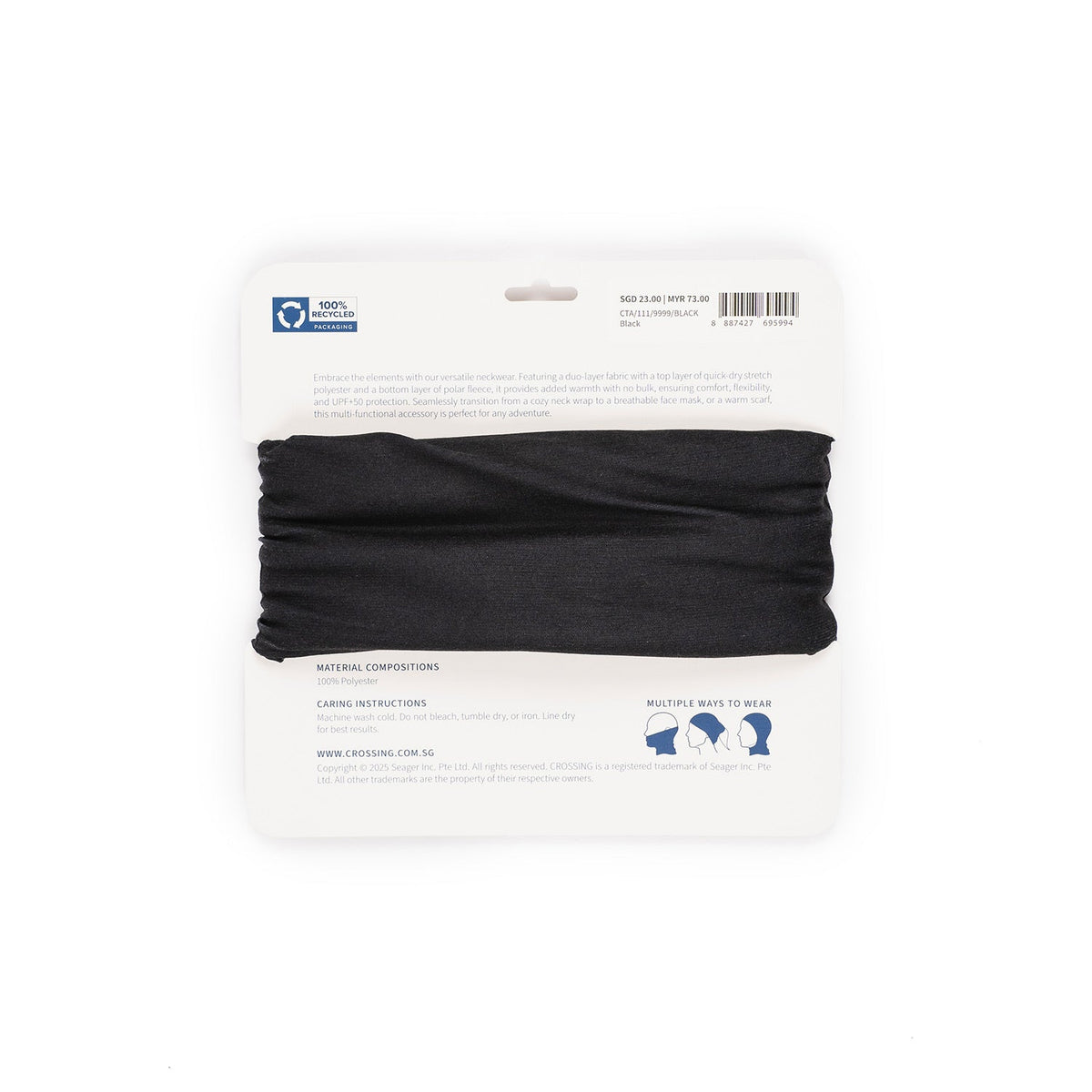 Crossing Duo Polar Fleece Neck Warmer UPF 50+ Sun Protection - Black