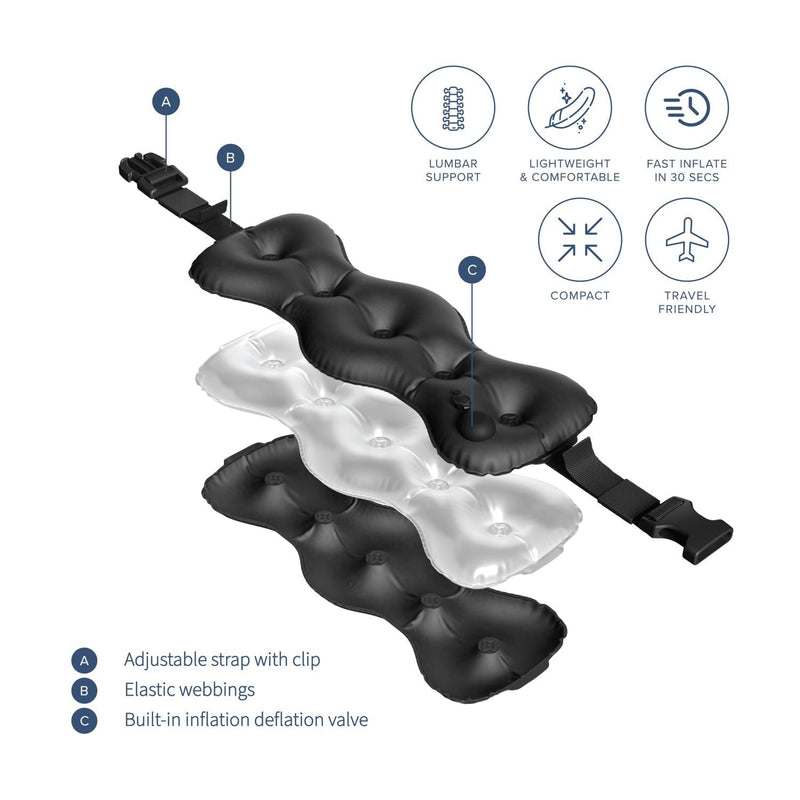 Crossing Inflatable Air Pump Lumbar Back Support Travel Pillow - Black