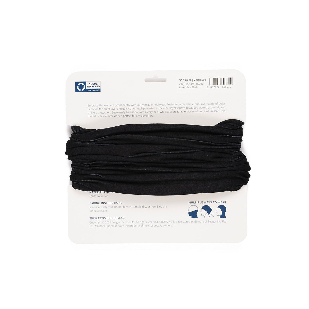 Crossing Polar Fleece Reversible Neck Warmer UPF 50+ Sun Protection - Black
