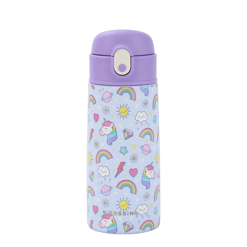 Crossing S/S 316 Kids' Insulated Water Bottle W/Sipper Silicone Straw 400ml - Rainbow Unicorns
