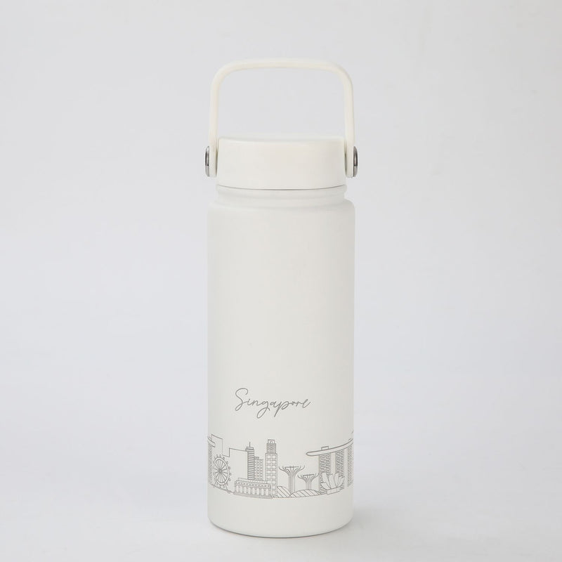Crossing Urban Ceramic S/S Insulated Flat Cap Bottle With Handle 600ml - Skyline Singapore (Frost White)
