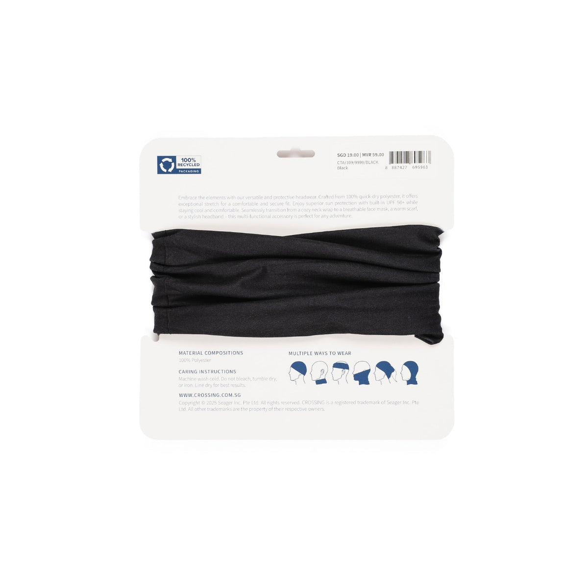 Crossing UV Multi-Functional Headwear UPF 50+ Sun Protection - Black