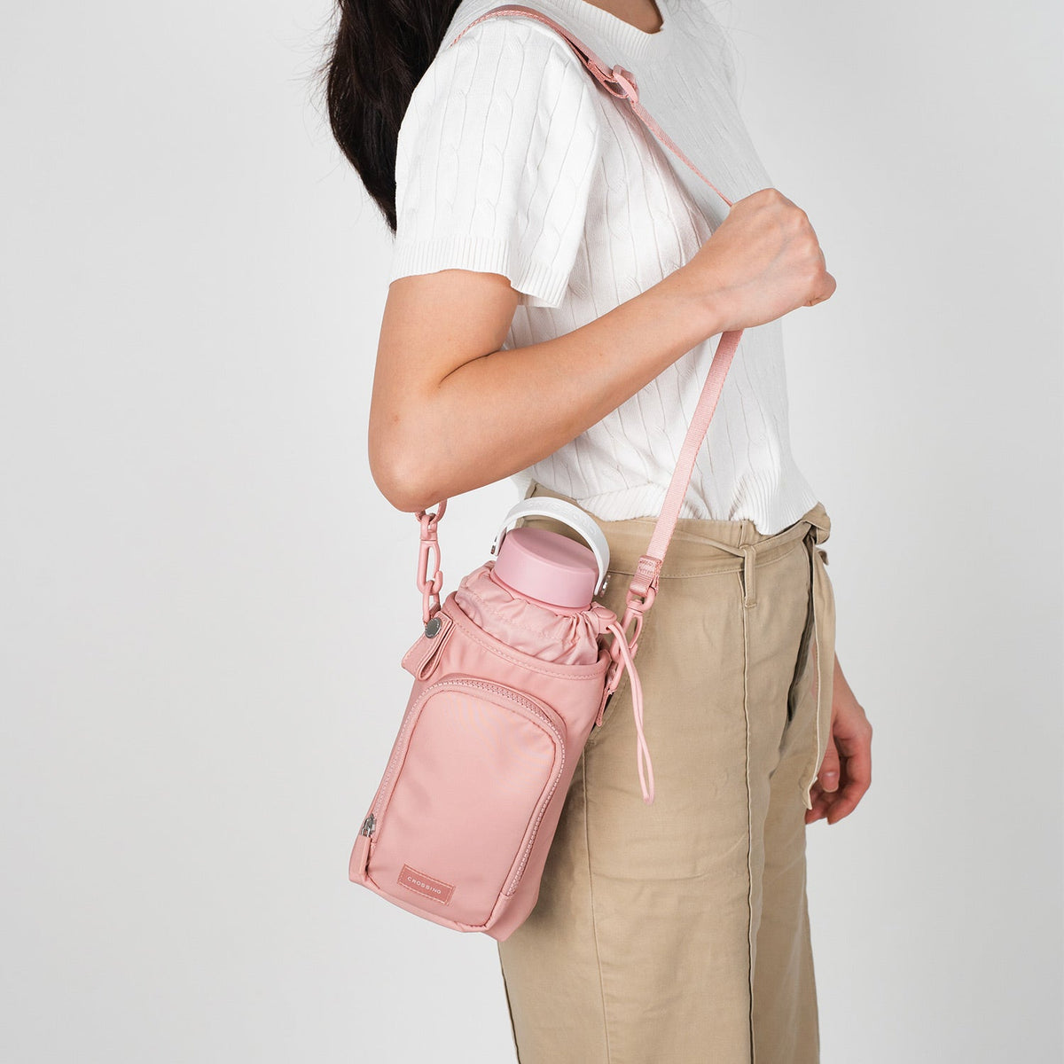 Crossing Water Bottle Crossbody Bag With  Front Pocket 2L - Dusty Pink