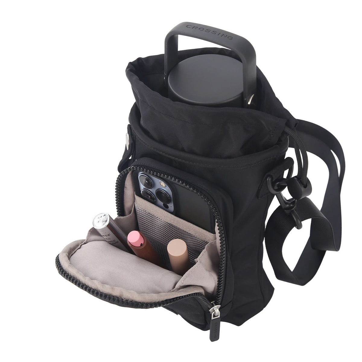 Crossing Water Bottle Crossbody Bag With Front Pocket 2L V2 - Black
