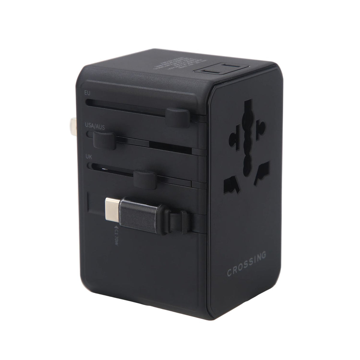 Crossing World Travel Adaptor 70W Pro With 2 X USB-A + 2 X USB-C With Built-In Type C Cable - Black