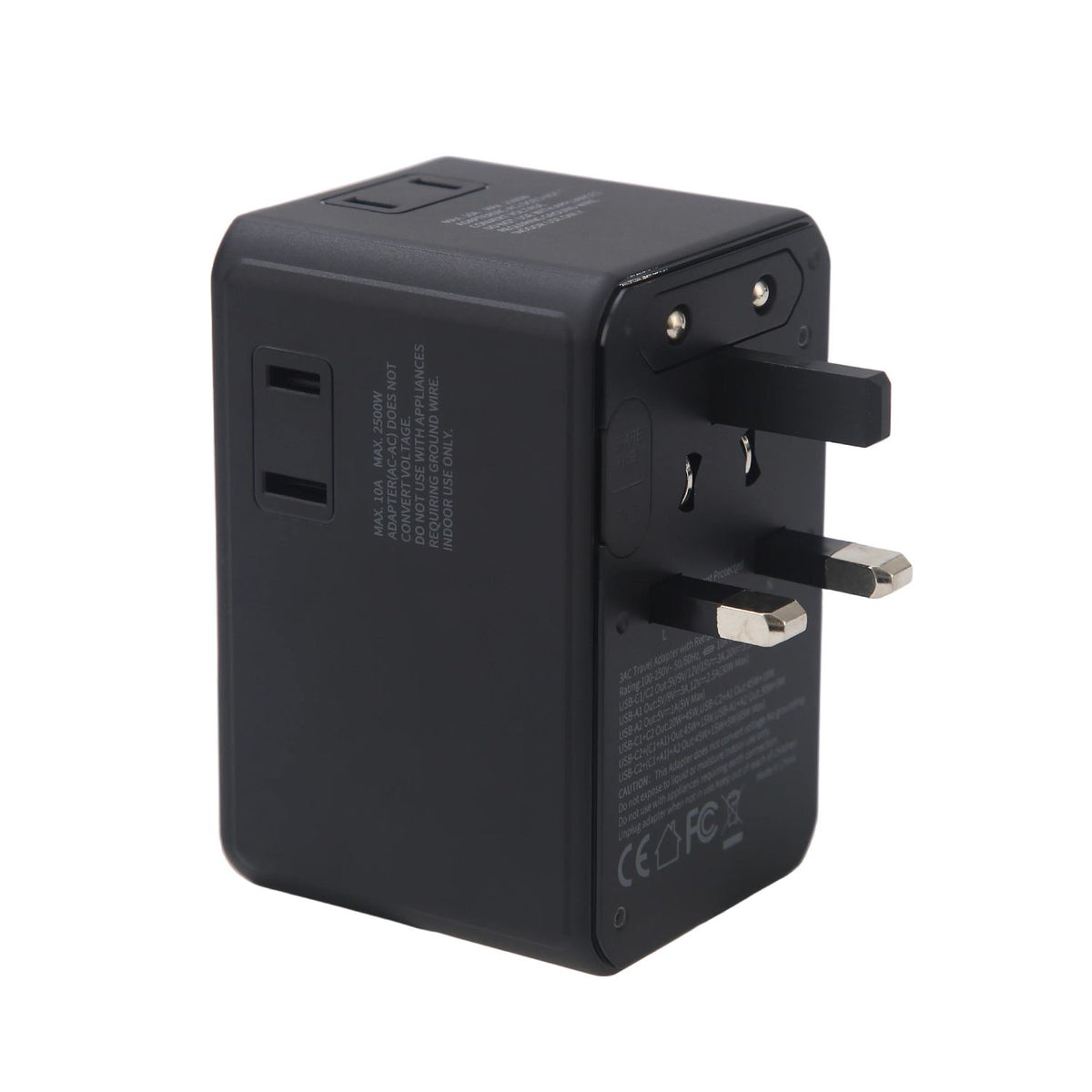 Crossing World Travel Adaptor 70W Pro With 2 X USB-A + 2 X USB-C With Built-In Type C Cable - Black