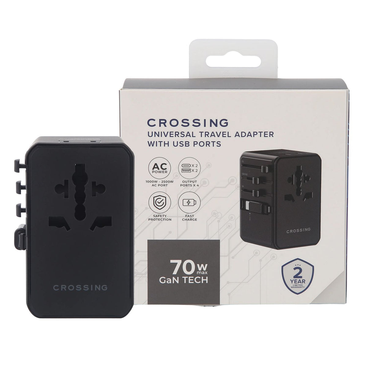 Crossing World Travel Adaptor 70W Pro With 2 X USB-A + 2 X USB-C With Built-In Type C Cable - Black