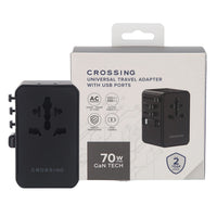 Crossing World Travel Adaptor 70W Pro With 2 X USB-A + 2 X USB-C With Built-In Type C Cable - Black